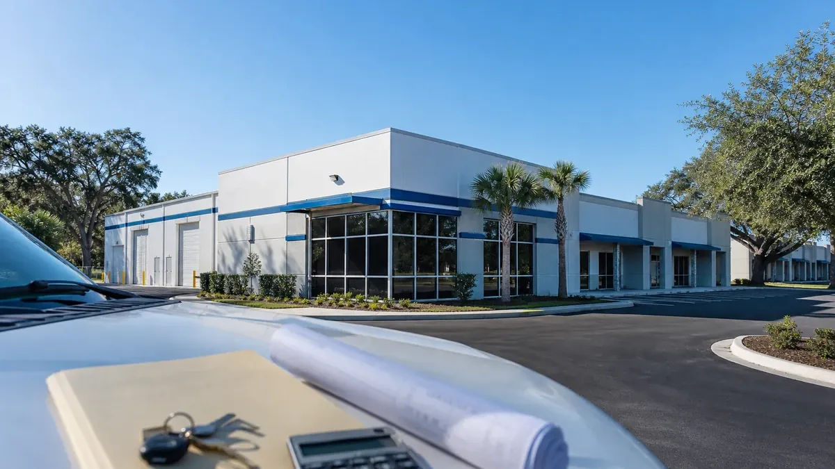 Small flex warehouse and retail strip in Ocala under a clear morning sky, with a closing folder, keys and blueprints on a truck hood in the foreground